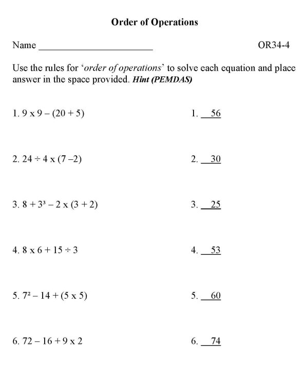 Printable Order of Operations sheet - math skills practice sheet