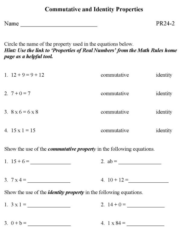 Printable properties of real numbers sheet - math skills practice sheet
