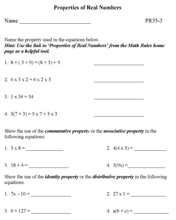 Printable properties of real numbers sheet - math skills practice sheet