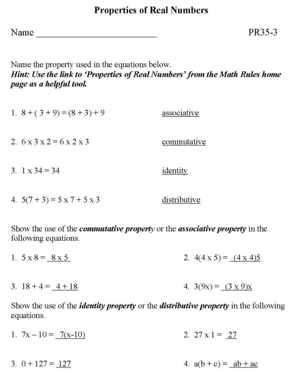 Printable Properties of Real Numbers sheet - math skills practice sheet